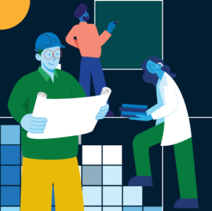 Image depicting multiple illustrated characters on an abstract background. One character is writing on a chalkboard, another is climbing stairs that resemble the table of nuclides with books, and the third is looking at a blueprint