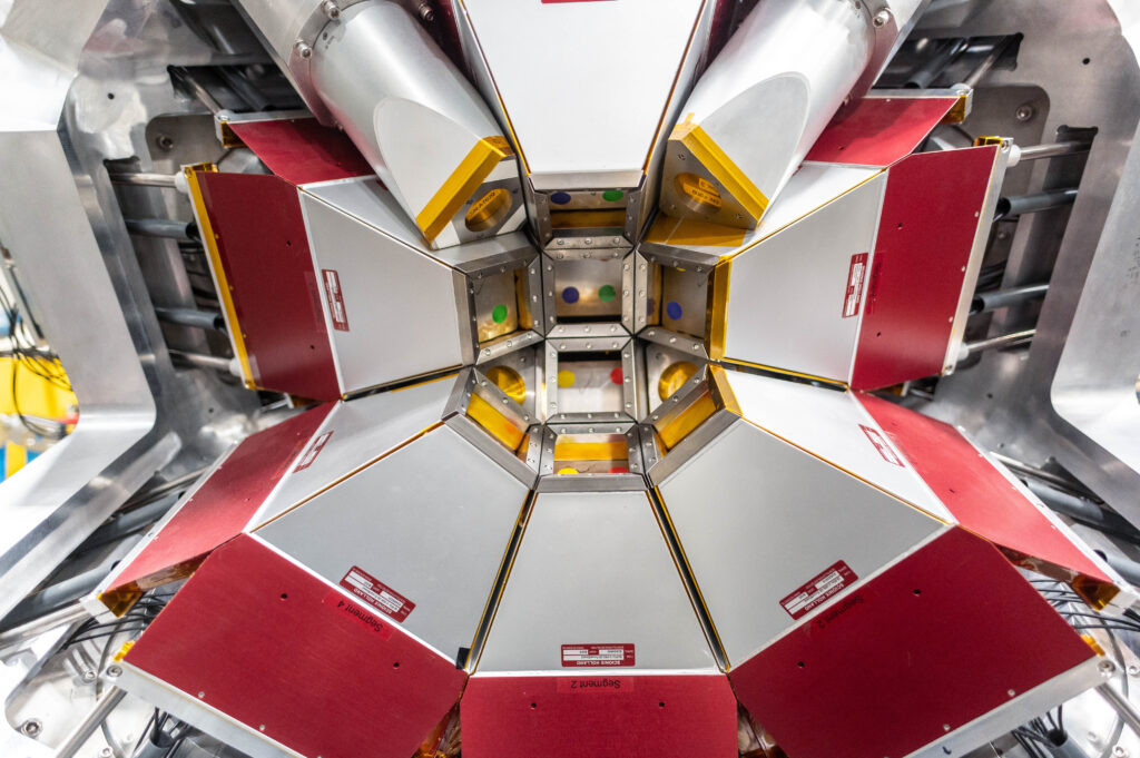 A series of red-and-white detectors arranged in a symmetrical array