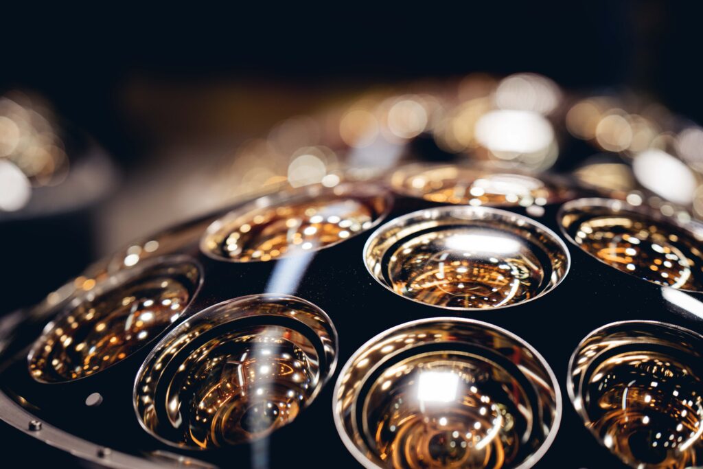 A circular arrangement of compound glass bulbs, called a photomultiplier tube.