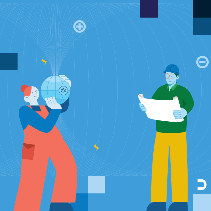 illustrated banner of an engineer and a theorist